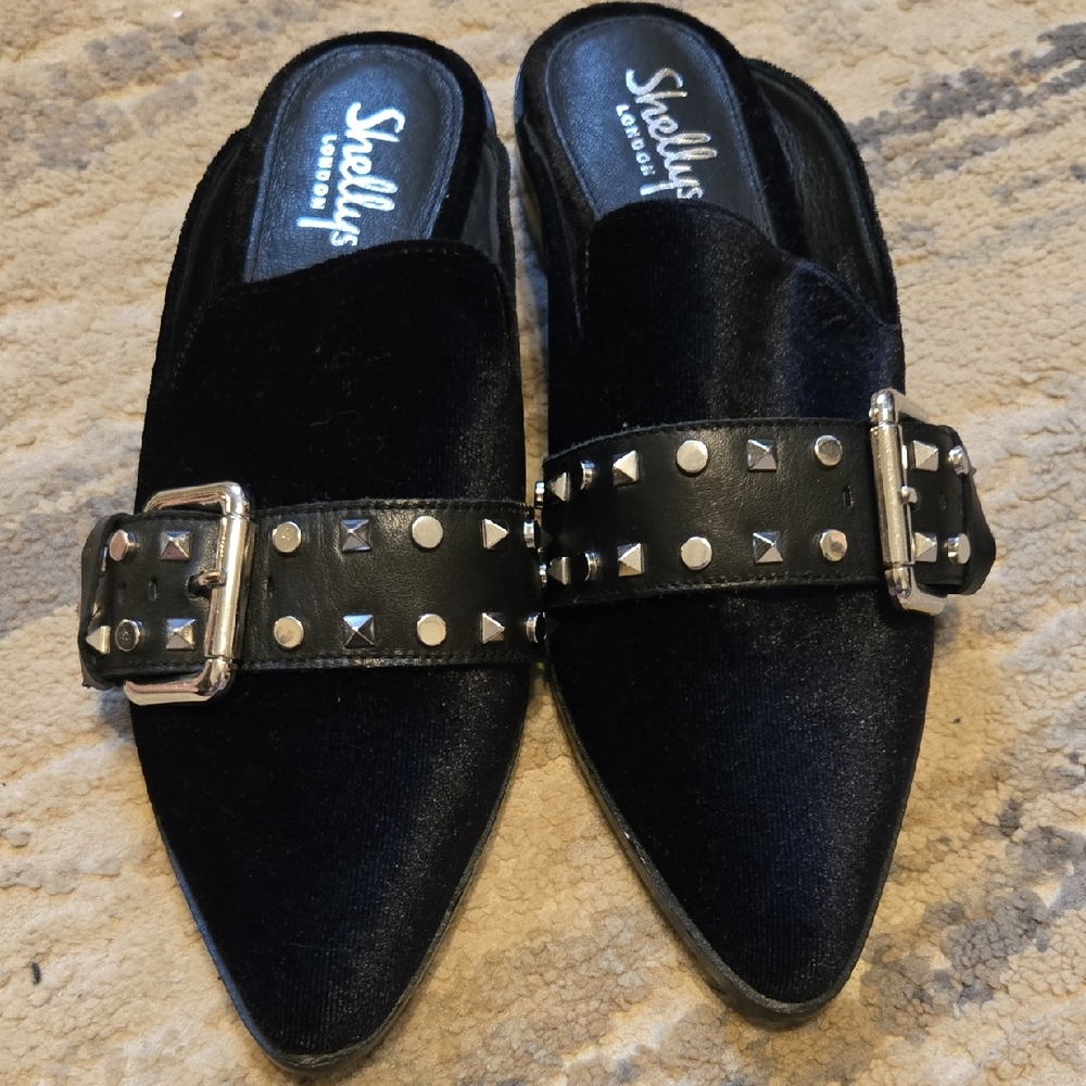 Shellys London Black Velvet Silver Studded & Buckle  Mules Never Worn